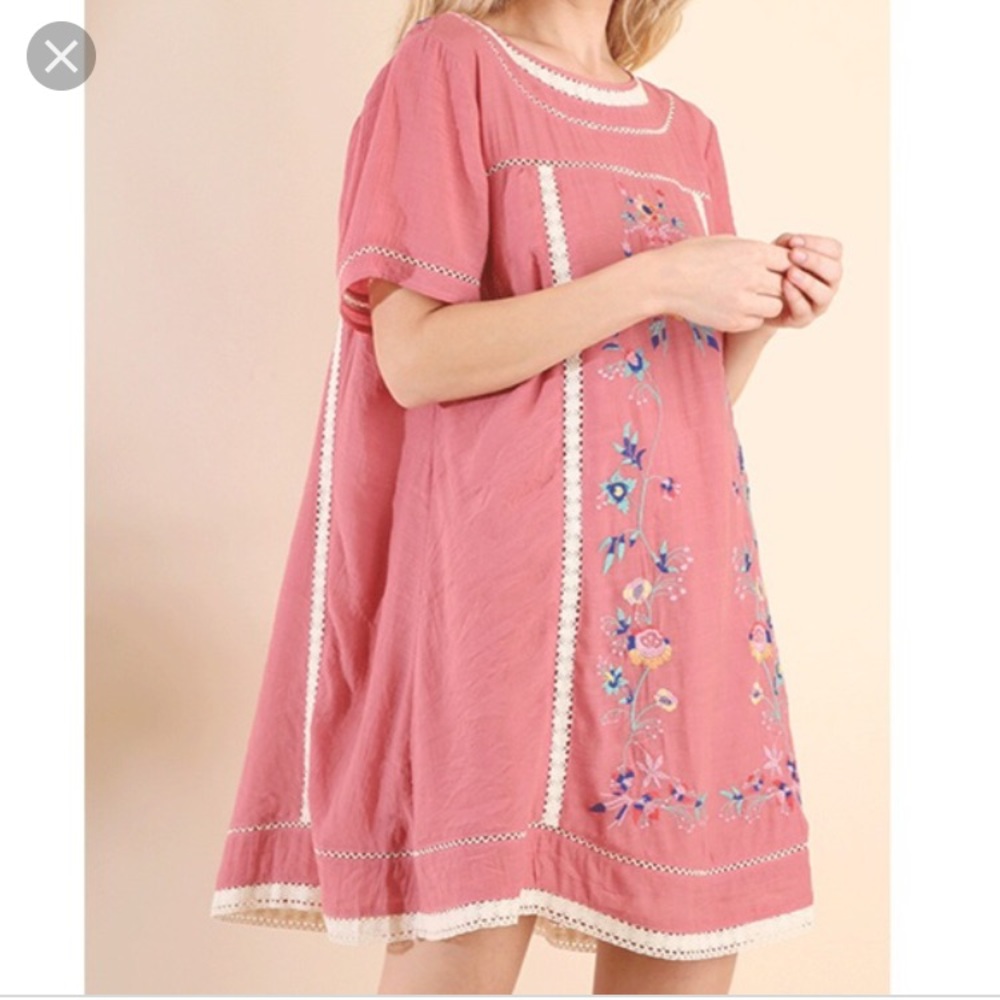 Umgee Bohemian Embroidery Dress - Color Rose - L